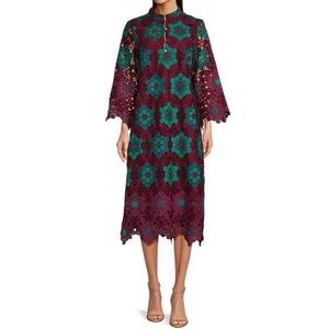 J.Marie Size XS Raven 3D Geometric Lace Mandarin Collar Midi Caftan Dress Wine